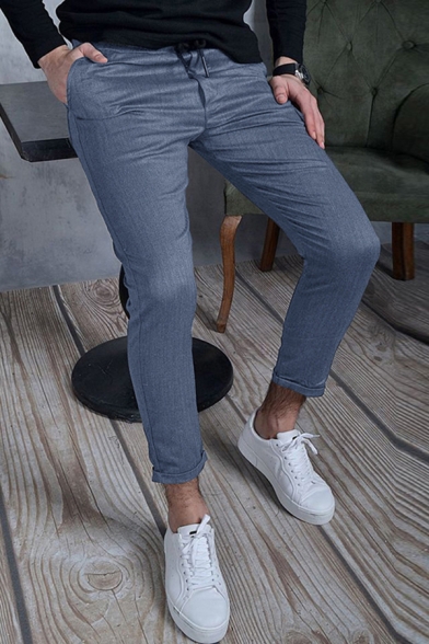 Fancy Men's Pants Solid Color Drawstring Elastic Waist Ankle Length Skinny Pants