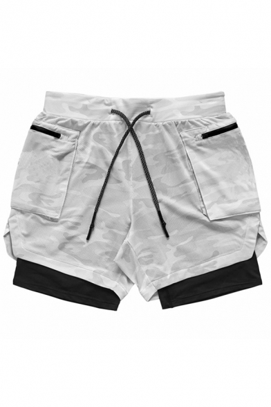 Fancy Mens Shorts All over Camo Printed Zip Pocket Drawstring Waist Fully Lined Double-Layered Regular Fitted Active Shorts