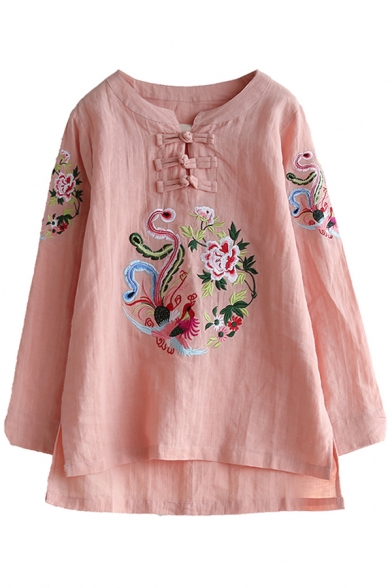 Fancy Women's Tee Top Frog Button Detail Floral Embroidered Round Neck Long Sleeves Regular Fitted T-Shirt