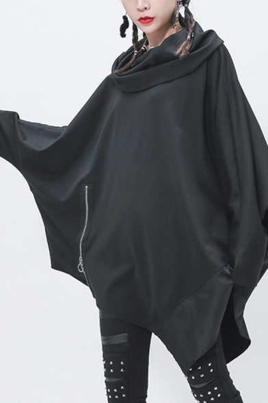 Hip Hop Girls T Shirt Batwing Sleeve Cowl Neck Zipper Irregular Hem Loose Fit Tunic T Shirt in Black
