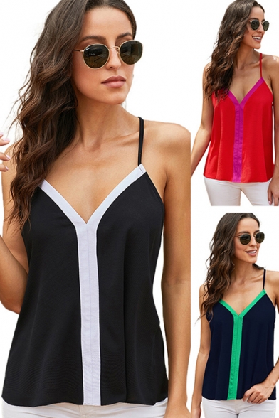 Hot Ladies Cami Contrasted Spaghetti Straps V-neck Loose Cami Top