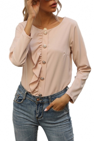 Ladies Elegant Solid Color Long Sleeve Round Neck Ruffled Trim Button Up Fit Shirt Top