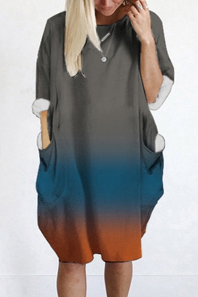 Leisure Ladies Dress Ombre Roll-up Sleeve Round Neck Mid Oversize Dress