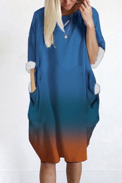 Leisure Ladies Dress Ombre Roll-up Sleeve Round Neck Mid Oversize Dress