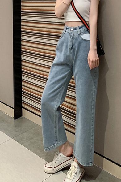 Leisure Women's Jeans Solid Color High Waist Zip Fly Ankle Length Straight Jeans with Washing Effect