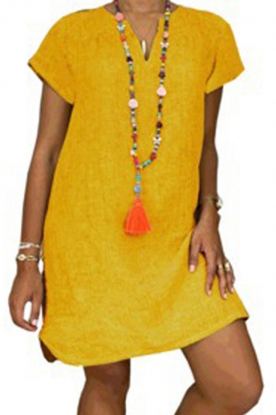 Leisure Women's T-Shirt Dress Solid Color Cotton and Linen Side Split V Neck Short Sleeves Regular Fitted T-Shirt Dress