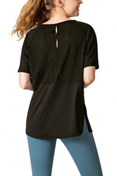 Leisure Women's Training Tee Top Patchwork Hollow out Back Crew Neck Raglan Long-sleeved Side Split Relaxed Fit T-Shirt