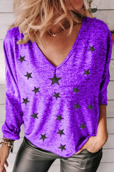 Leisure Womens Tee Top All over Star Print V Neck Long Sleeves Regular Fitted T-Shirt