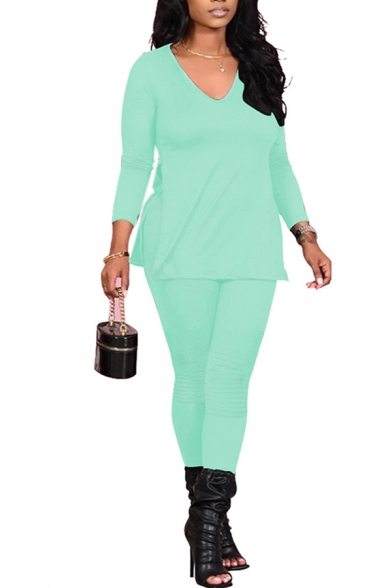 Popular Womens Co-ords Solid Color Long Sleeve V-neck Relaxed Tee Top & Fitted Pants Set