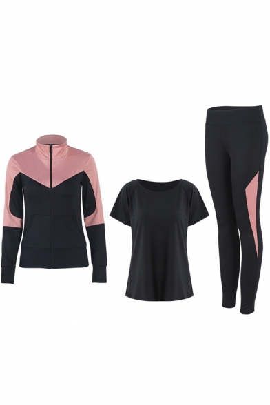 Popular Womens Set Contrasted Long Sleeve Stand Collar Zip Up Relaxed Jacket Crop Tank T-shirt Leggings Set