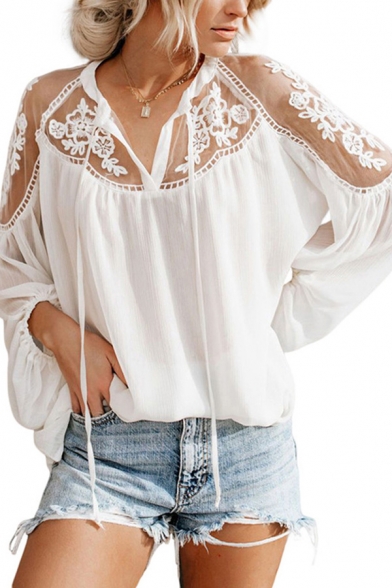 Pretty Girls Sheer Lace Jacquard Blouson Sleeve Deep V-neck Relaxed Fit Chiffon Solid Blouse