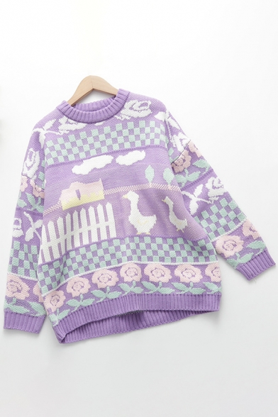 Purple Cute Flower Duck Plaid Print Long Sleeve Oversized Jacquard Sweater for Preppy