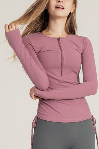 Quick Dry Women T-Shirt Solid Color Ruched Side 1/4 Zip Collar Round Neck Long-sleeved Fitted Yoga Tee Top