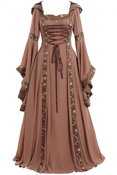 Retro Ladies Dress Floral Printed Bell Long Sleeve Hooded Lace Up Front Maxi Pleated Flared Dress