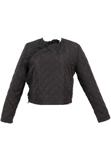 Retro Women's Jacket Quilted Design Ruffles Hem Wrap Front Long Sleeves Regular Fitted Jacket