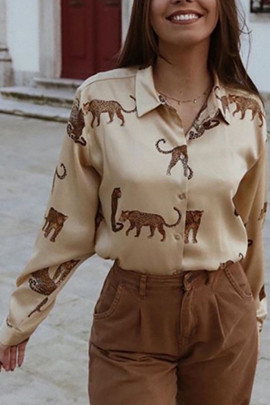 Retro Women's Shirt Leopard Animal Pattern Button-down Spread Collar Long Sleeves Regular Fitted Shirt Blouse
