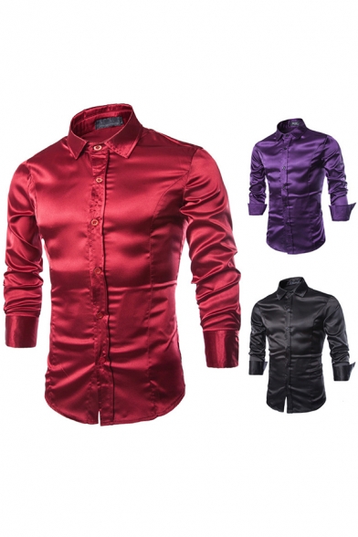 Simple Guys Shirt Solid Color Long Sleeve Turn Down Collar Button Up Regular Fit Shirt