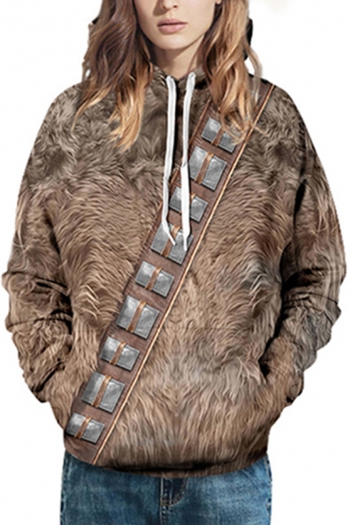 Street Boys Hoodie Fur Belt 3D Pattern Long Sleeve Drawstring Loose Fit Brown Hoodie with Pocket