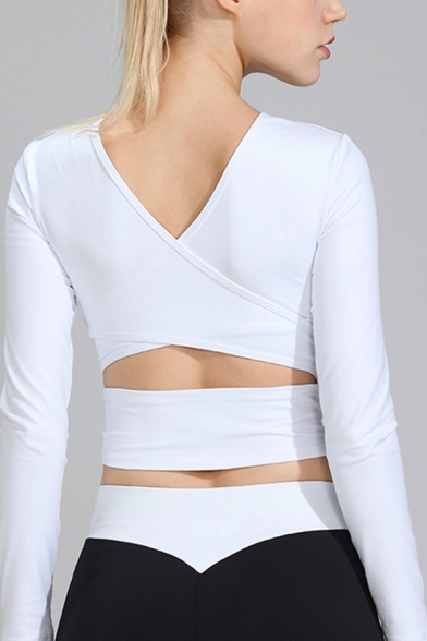 Training Girls Plain Tee Top Long Sleeve V-neck Crisscross Cut Out Fitted Crop T Shirt
