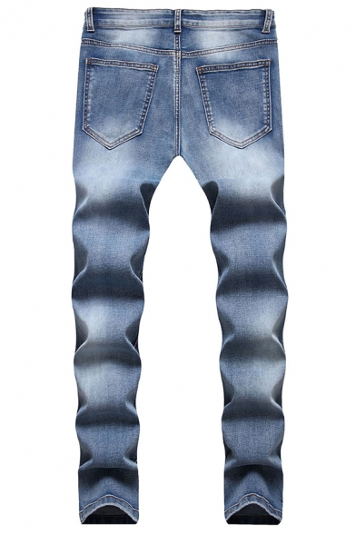 Trendy Men's Jeans Distressed Pleated Design Button Fly Long Regular Fitted Jeans with Washing Effect