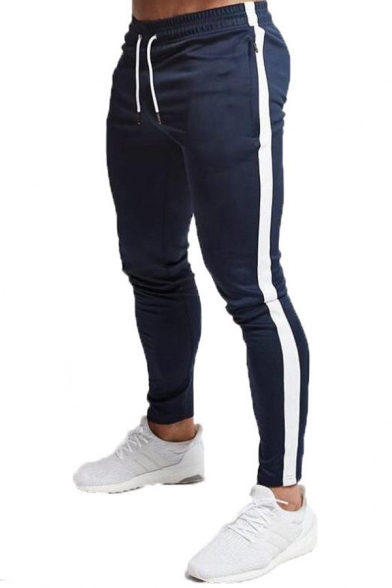 Trendy Men's Pants Stripe Pattern Drawstring Side Pocket Elastic Waist Ankle Length Skinny Pants