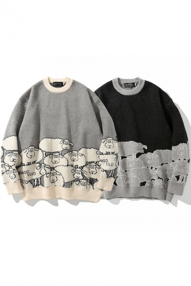 Trendy Men's Sweater Sheep Pattern Ribbed Trim Crew Neck Long-sleeved Relaxed Fit Sweater