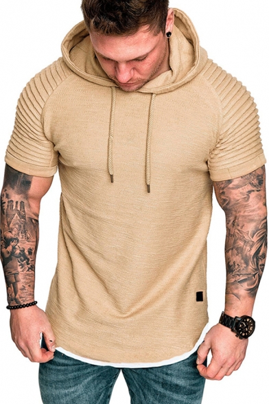 Trendy Men's Tee Top Wrinkle Heathered Raglan Short Sleeves Drawstring Hooded Slim Fitted T-Shirt