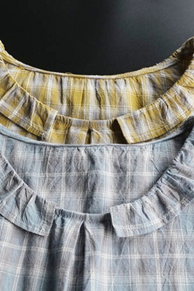Trendy Women's Blouse Plaid Print Ruffles Half Sleeves Regular Fitted Shirt Blouse