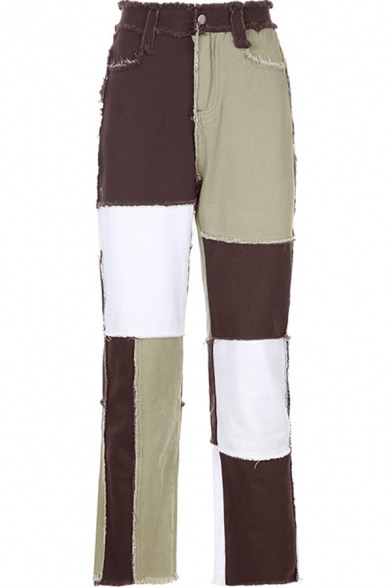 Trendy Women's Pants Color Block Contrast Panel Frayed Hem Zipper Fly Side Pockets High Waist Ankle Length Straight Pants
