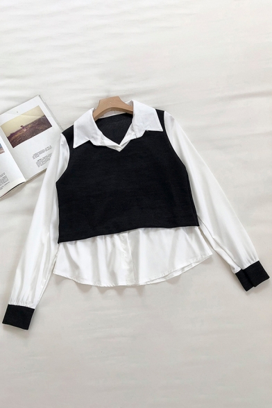 Trendy Women's Shirt Blouse Patchwork Contrast Panel Spread Collar Long Sleeves Relaxed Fitted Knitted Shirt Blouse