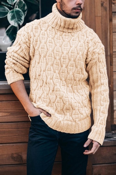 Unique Mens Sweater Solid Color Cable Knit Contrast Trim Turtle Neck Long Sleeves Regular Fitted Knitted Sweater