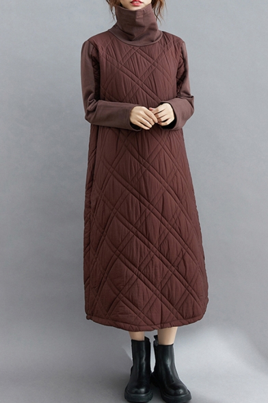 Vintage Women's Swing Dress Quilted Detail Contrast Panel Turtleneck Long Sleeves Loose Fitted Long Sweatshirt Dress