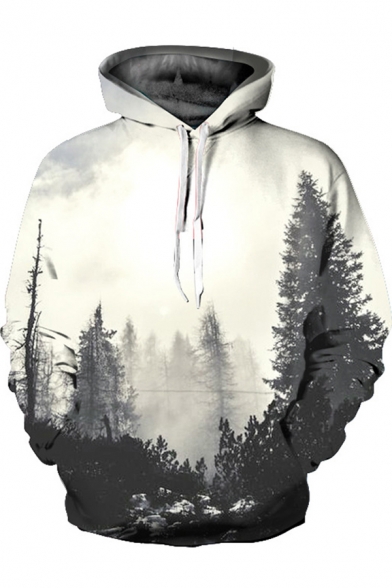 White-gray Hoodie 3D Tree Printed Long Sleeve Drawstring Pouch Pocket Relaxed Leisure Hoodie for Men