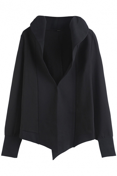 Womens Hip Hop Coat Long Sleeve Hooded Open-front Asymmetric Hem Relaxed Coat in Black
