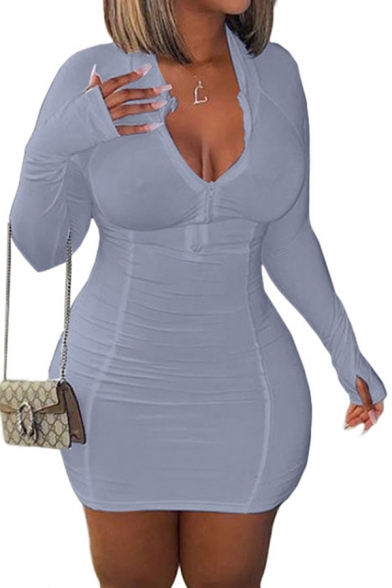 Womens Popular Dress Long Sleeve Deep V-neck Zipper Front Mini Tight Plain Dress