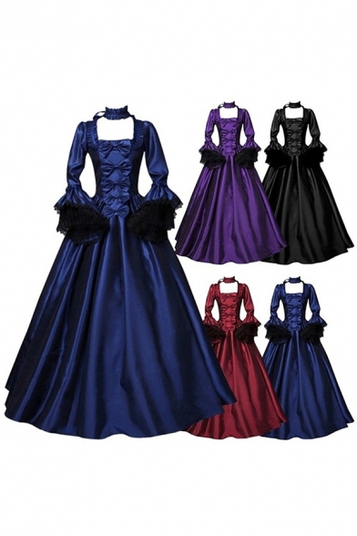 Womens Vintage Solid Color Dress Bell Sleeve Choker Bow-tied Long Pleated Swing Dress