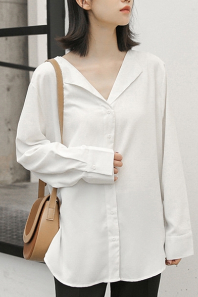 Casual Women's Shirt Blouse Solid Color Button Fly Notched Collar Long Sleeves Relaxed Fit Shirt Blouse
