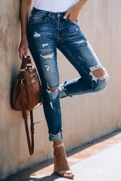 Classic Dark Blue Mid Rise Ripped Bleach Rolled Cuffs Skinny Jeans for Women