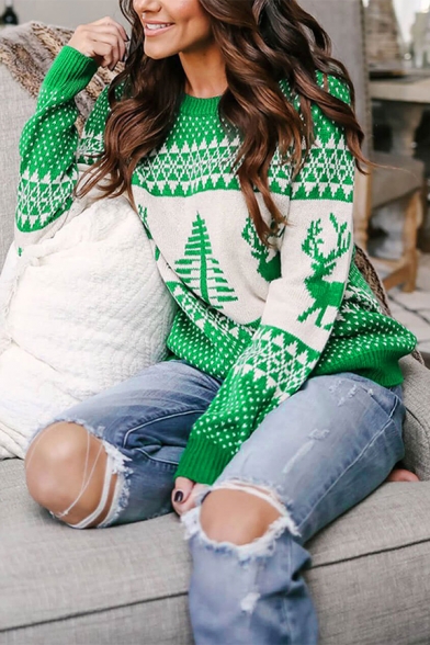 Color Block Deer Print Round Neck Long Sleeve Christmas Sweater