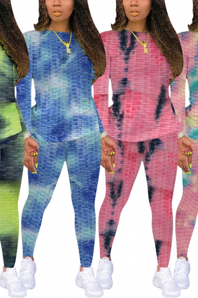 Designer Womens Co-ords Tie Dye Print Long Sleeve Crew Neck Fit Tee & Pants Waffle Set