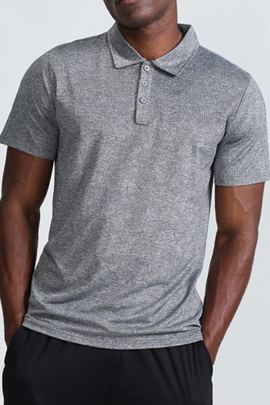 Elegant Men's Polo Shirt Heathered Button Detail Turn-down Collar Short Sleeves Regular Fitted Polo Shirt