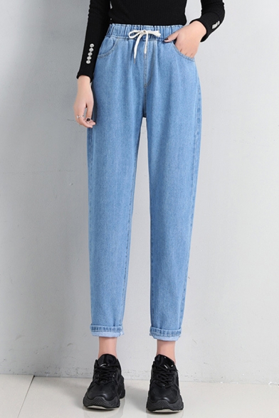 Elegant Women's Jeans Side Pocket Elastic Drawstring Waist Ankle Length Jeans with Washing Effect