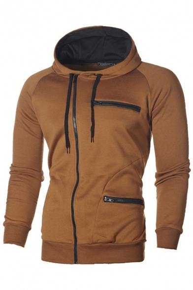 Fancy Mens Hoodie Contrast Panel Zip Closure Pocket Long Sleeves Regular Fitted Drawstring Hooded Sweatshirt