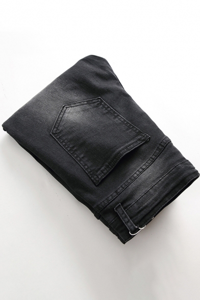 Fancy Mens Jeans Pleated Detail Zip Split Cuffs Button Fly Side Pockets Mid Waist Regular Fitted Long Jeans in Light Washing Effect