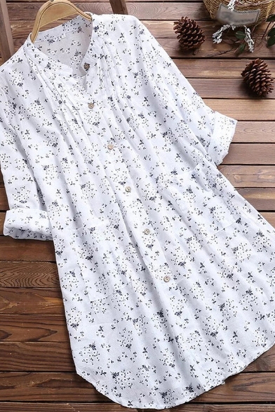 Fancy Women's Blouse Ditsy Floral Print Button Closure Stand Collar Long Sleeves Pleated Detail Plus Size Tunic Shirt Blouse
