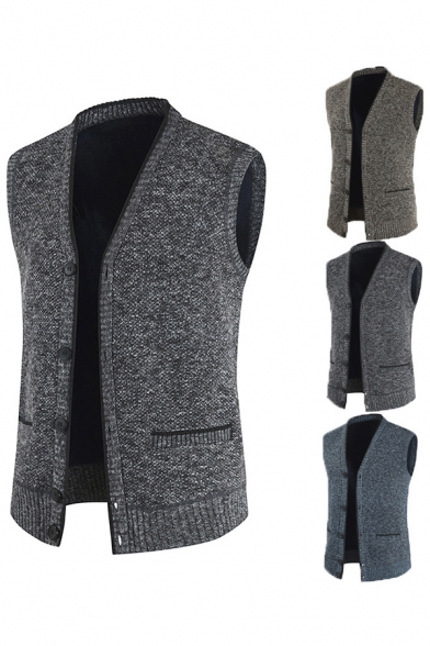 Fashionable Mens Sweater Vest Heathered Button-down Sleeveless Ribbed Trim Regular Fitted Knitted Vest