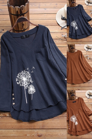 Fashionable Women's Blouse Dandelion Pattern Button Design Chest Pocket Round Neck Long Sleeves High-Low Pullover Blouse
