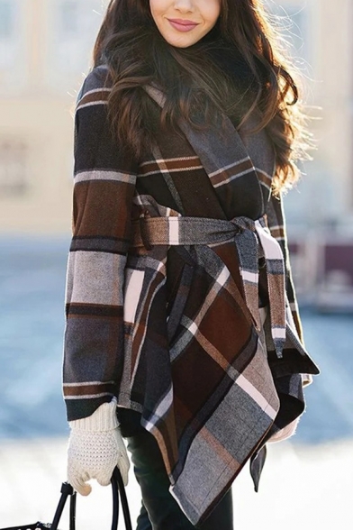 Ladies Designer Coat Checkered Print Long Sleeve Shawl Neck Bow-tie Waist Irregular Hem Relaxed Coat