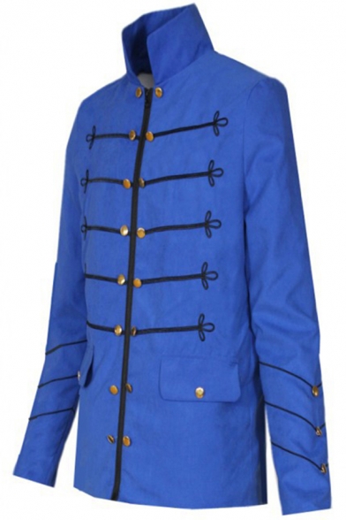 Leisure Men's Coat Button Embroidered Stand Collar Long Sleeves Flap Pocket Regular Fitted Coat