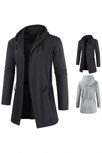 Leisure Men's Coat Solid Color Drawstring Waist Long Sleeves Open Front Regular Fitted Hooded Coat